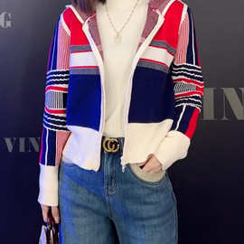 拼色开衫卫衣套装女2023年新款针织衫时尚洋气休闲运动两件套