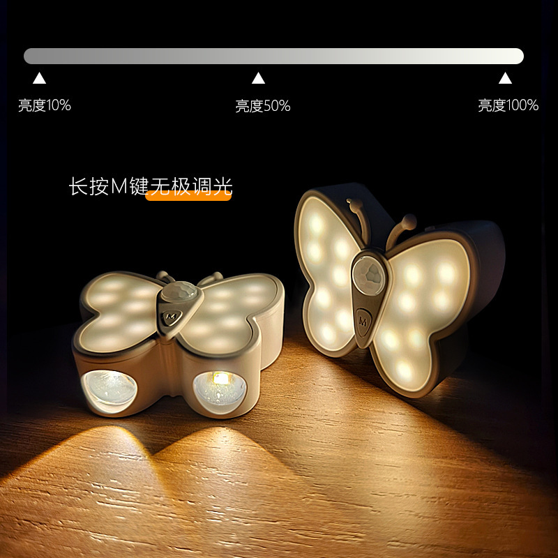 led无线自粘人体感应装饰壁柜家用智能猫眼氛围灯创意蝴蝶小夜灯|undefined
