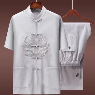 Chinese Style Tang Suit Men's Summer Short-sleeved Linen Middle-aged and Elderly Dad's Shirt Cotton and Linen Suit Grandpa's Summer Clothes