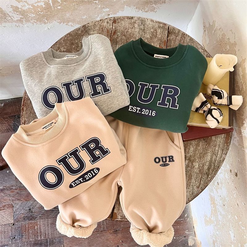 Kid's Clothing Spring And Autumn And Winter Boys And Girls Printed Letters Warm Tide Treasure Plus Velvet Thickened Our Sweatshirt Suit_voghion.com