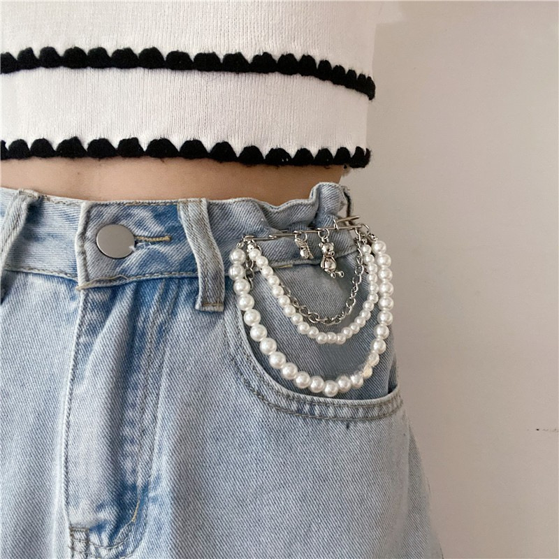 Metal universal pin pearl, jeans, trousers, accessory, Korean style, with little bears