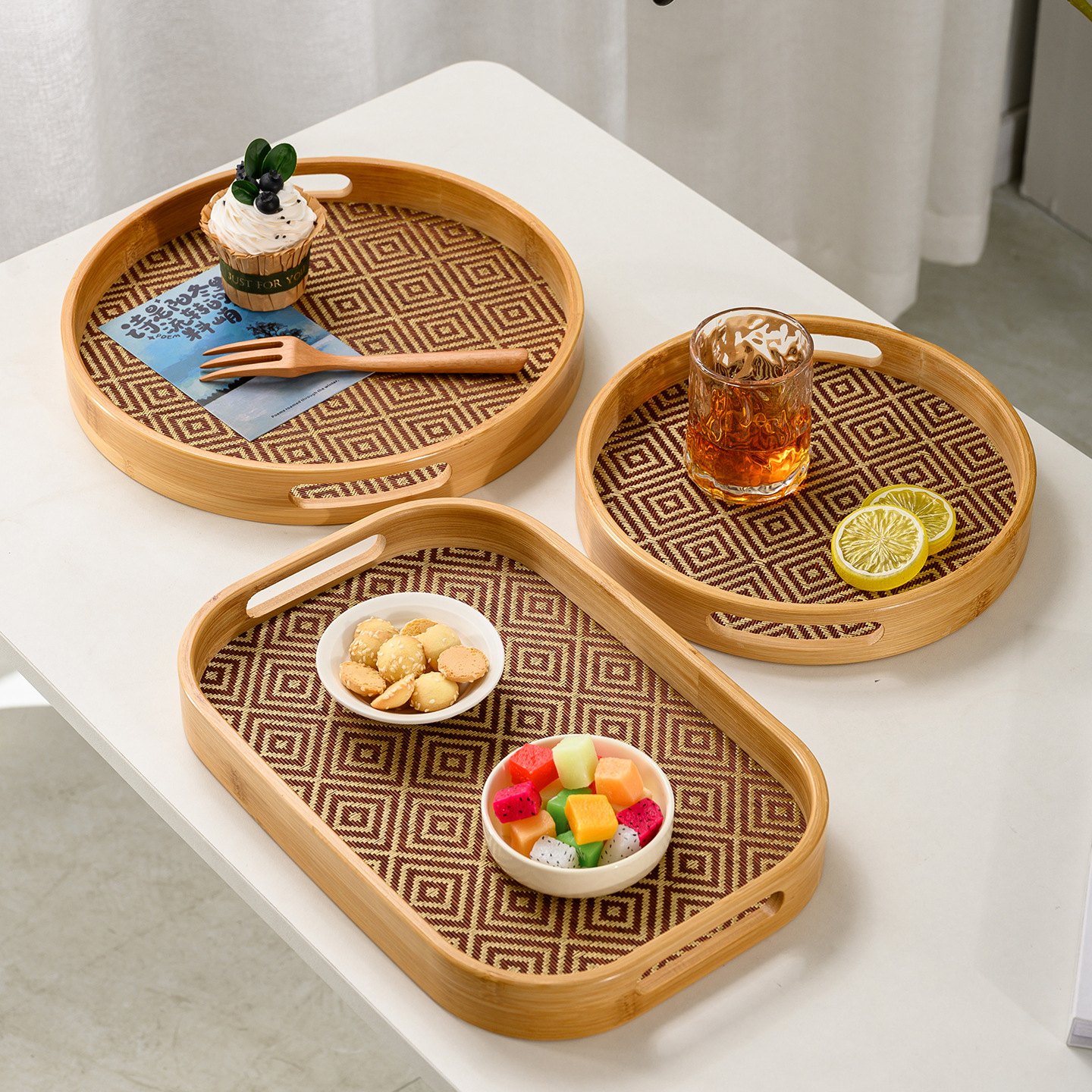 New Chinese-Style Retro Tea Tray, Rattan Woven Tray, Rectangular Household Tea Tray with Handle, Serving Tray for Tea Cups and Storage