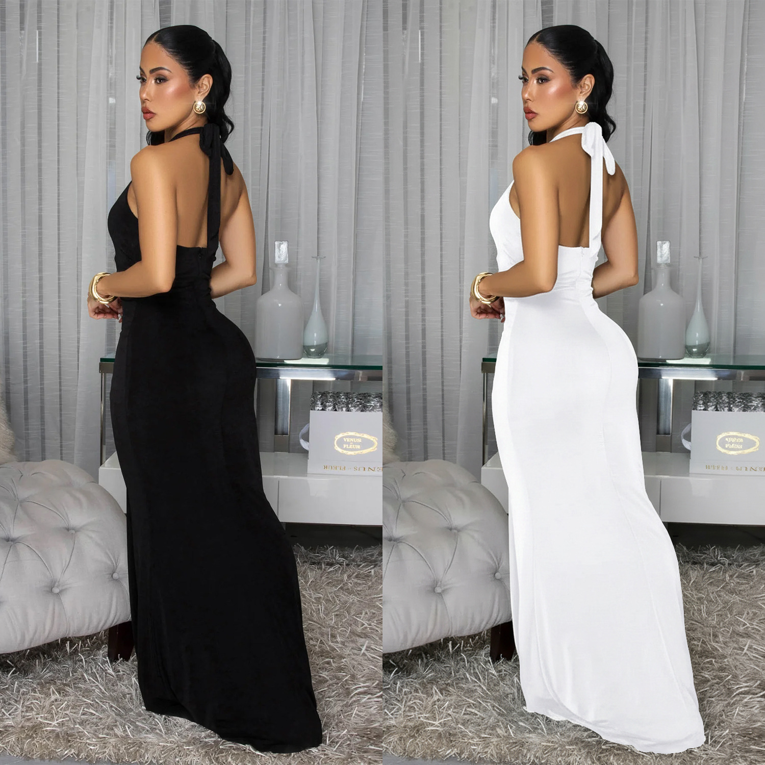 C7599 Aliexpress transfronterizo Amazon Europa y América moda de mujer sexy cuello de espalda descubierto vestido de color sólido V profundo image 3