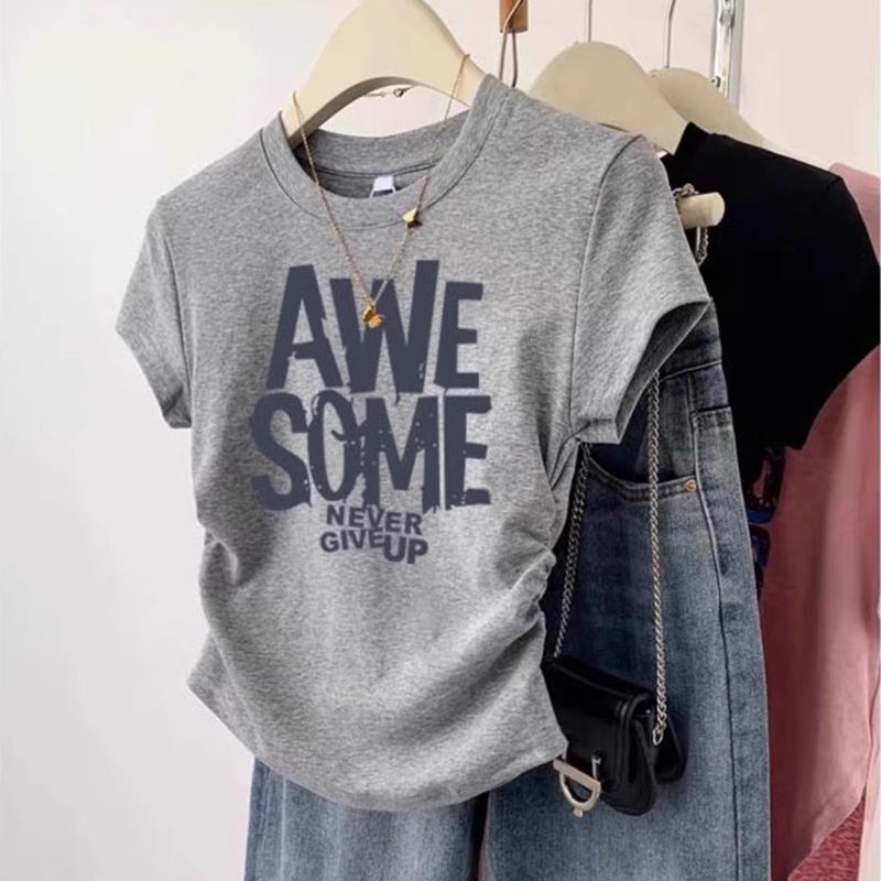 High-End Gray Slimming Look Waist-Cinching Right-Shoulder Short-Sleeved T-Shirt for Women Summer Asymmetrical Letter Printed Short Top