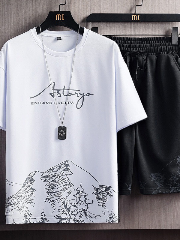 Ice Silk Gradient Suit Two-Piece Men's Short-Sleeved T-Shirt Summer Fashion New Casual Shorts Sports Handsome Men's Clothing