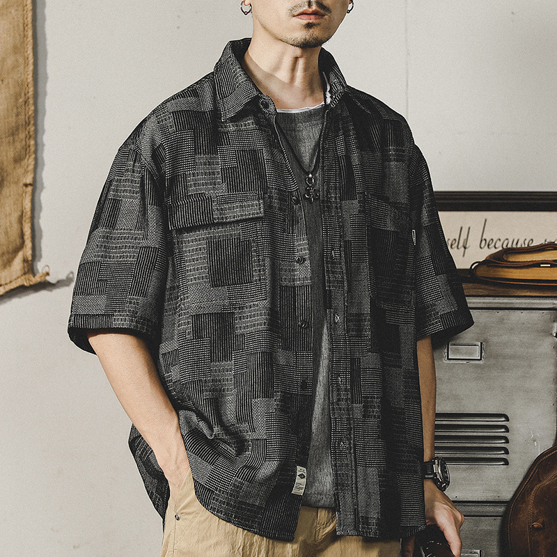 Jay Leno American-style Heavy Yarn-dyed Plaid Denim Shirt Men's Short-sleeved Summer Loose Fashionable Workwear Shirt Jacket Jay Leno American-style Heavy Yarn-dyed Plaid Denim Shirt Men's Short-sleeved Summer Loose Fashionable Workwear Shirt Jacket