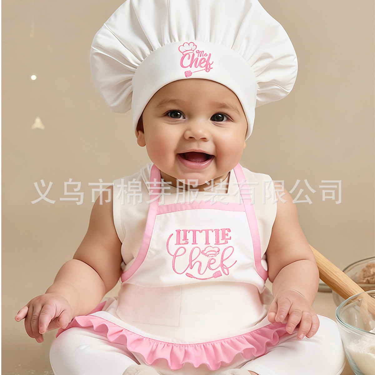 Cross-Border Newborn Embroidered Little Chef Apron and Hat Set, Baby Full Month and 100 Days Photography Clothing and Props