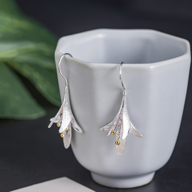 素十八s925银复古创意花朵耳饰女中长款喇叭花耳坠民族风时尚耳环