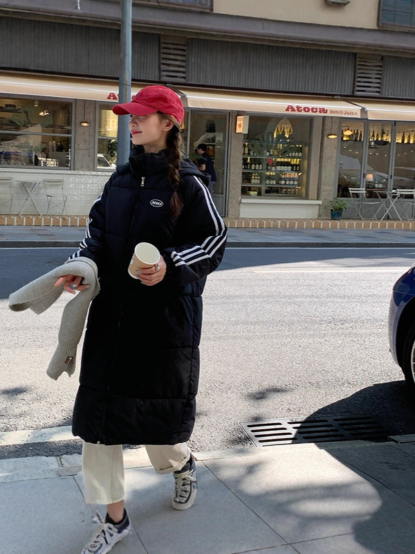 新款长款过膝三条杠羽绒棉服女2025年冬季小个子宽松保暖棉袄外套|undefined