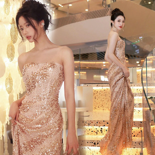 晚礼服新款金色抹胸新娘结婚敬酒服宴会演出主持人婚纱晚礼服春夏-阿里巴巴