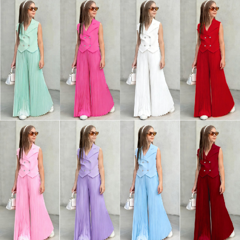 2025 New European and American Girls' Sleeveless Blazer + Wide-Leg Pants Children's Set