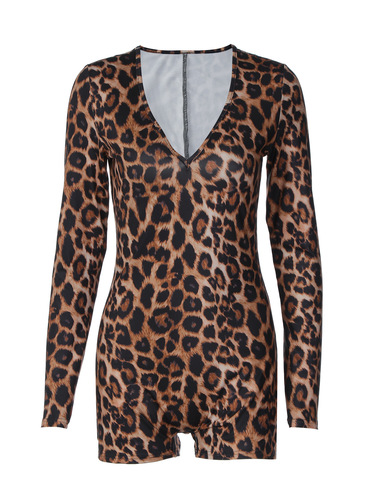 Women's Fashionable Sexy Tight Bodysuit with Leopard Print V-Neck Long Sleeve - New Autumn/Winter Best Selling US Women's Apparel
