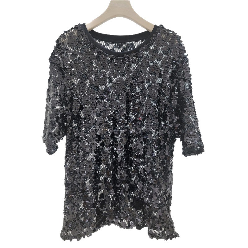 Camiseta de manga corta de estilo europeo y americano con sequinado de moda coreana de media manga guapo brillante chaqueta de media manga suelta image 5