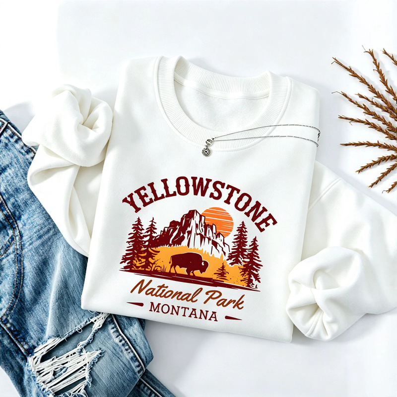 New European and American cross-border fashion: Yellowstone National Park printed crew-neck fleece sweatshirt, a versatile long-sleeved top New European and American cross-border fashion: Yellowstone National Park printed crew-neck fleece sweatshirt, a versatile long-sleeved top