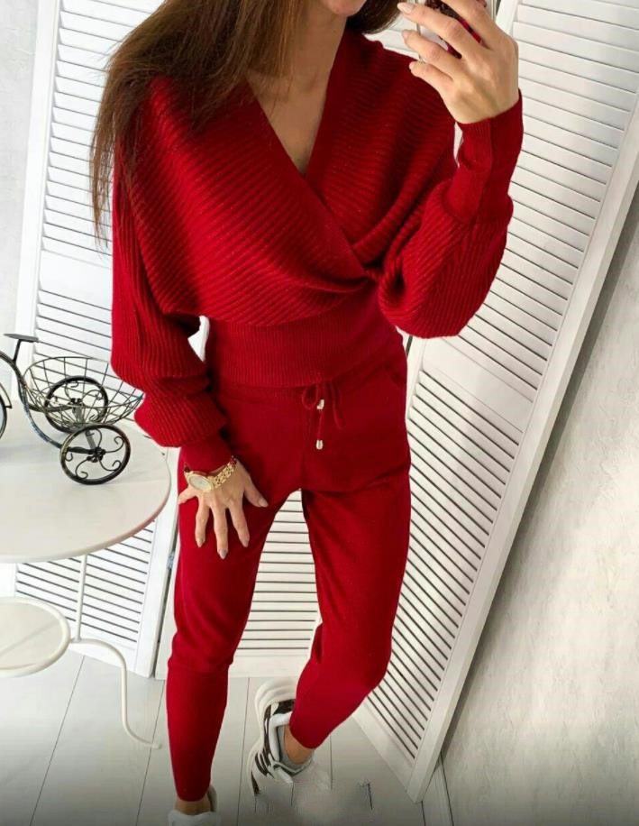 Backless Knitted V-Neck Top & Pants 2-Piece Lounge Set NSJXW105077