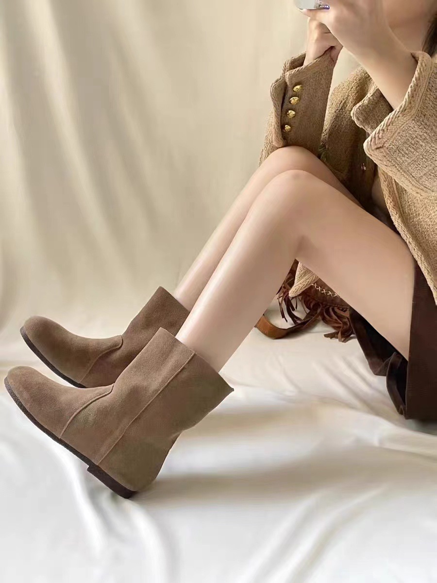 Chaussures ShoeVault en cuir suédé véritable pour femme, modèle Martin, collection automne-hiver 2024, style rétro, bout rond, souple, confortable et polyvalent._voghion.com