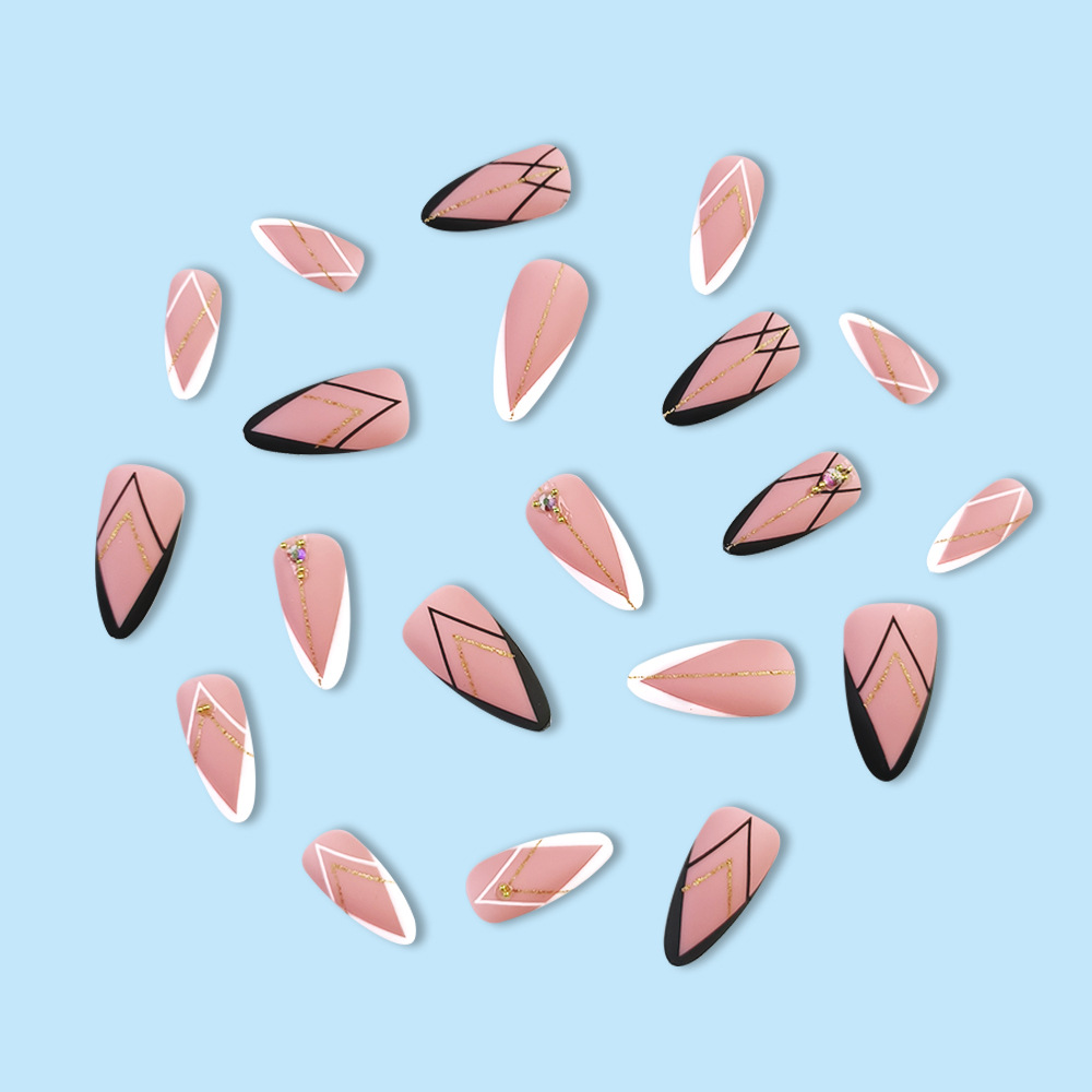 Ventas transfronterizas calientes de diamantes de uñas de almendras polvo desnudo oro negro y blanco decoración de uñas geométricas 24 piezas de parche de uñas
