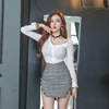 Two piece set of camisole off shoulder slim fit shirt+high waisted plaid wrap hip skirt