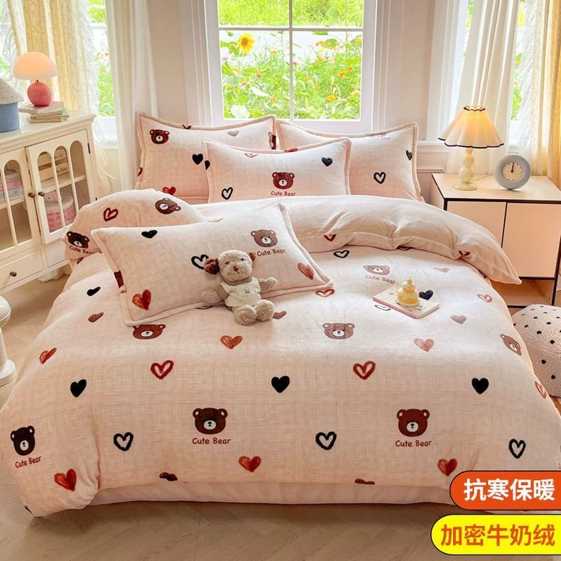 Invierno leche de cama de terciopelo de cuatro piezas doble cara terciopelo de brida gruesa sábanas de terciopelo de coral cubierta de colcha cubierta de tres piezas