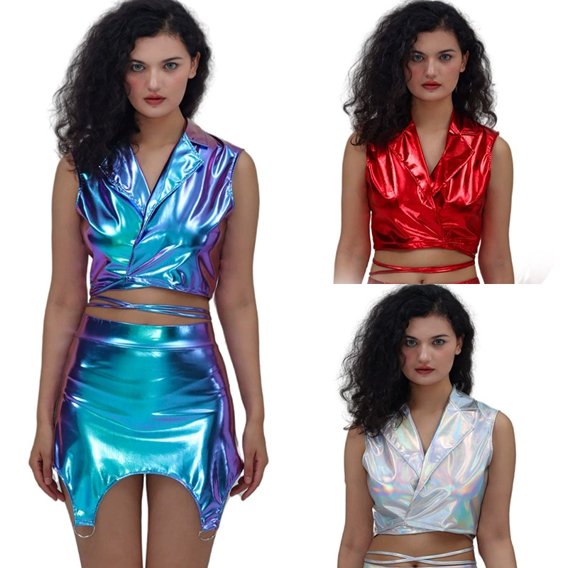 Трансграничный европейский и американский разноцветный костюм с воротником без рукавов на бретельках, металлический тонкий жилет для выступлений на сцене, прямая продажа с фабрики