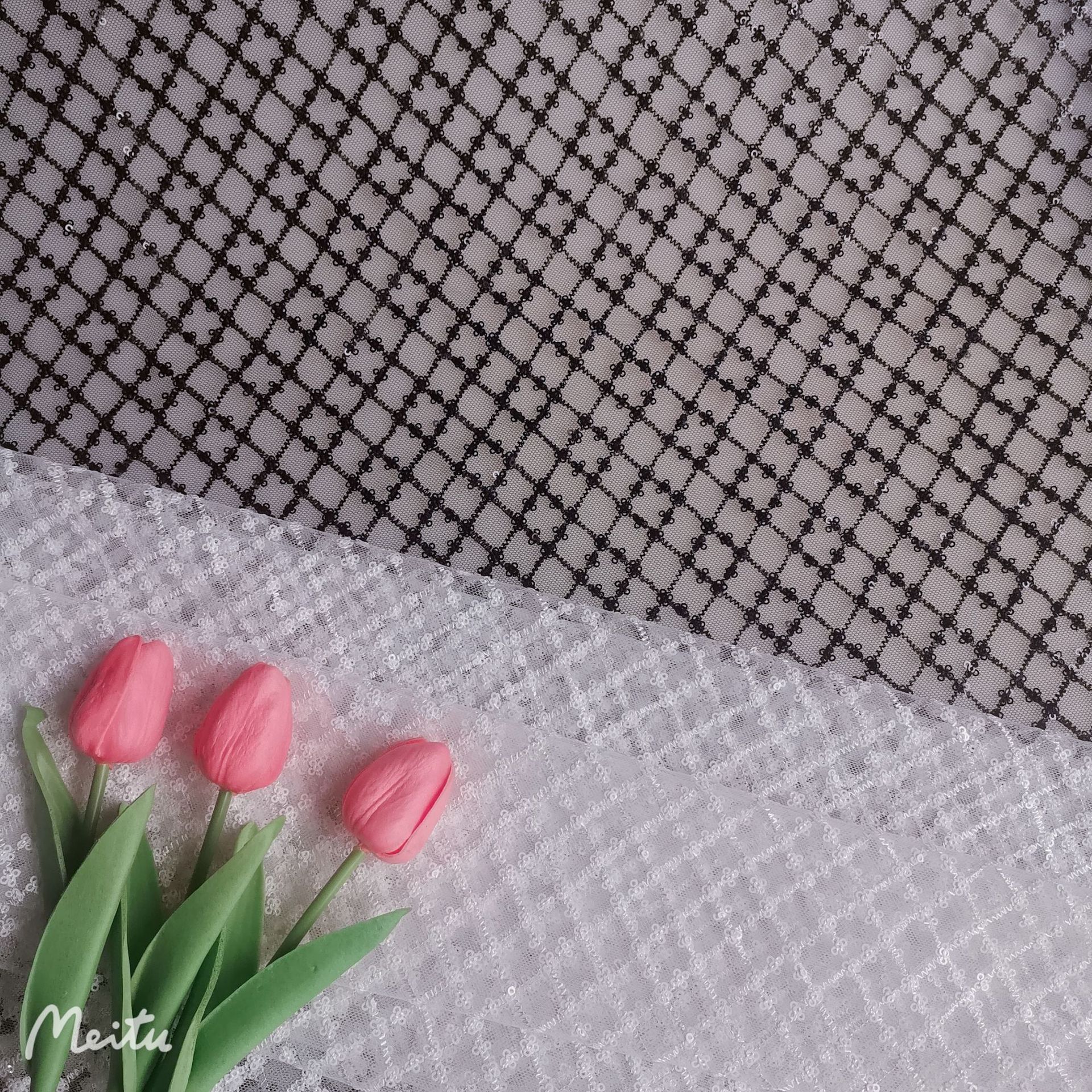 热卖款~高品质大气款涤6420网纱小菱形交叉梅花亮片绣 裙装等面料