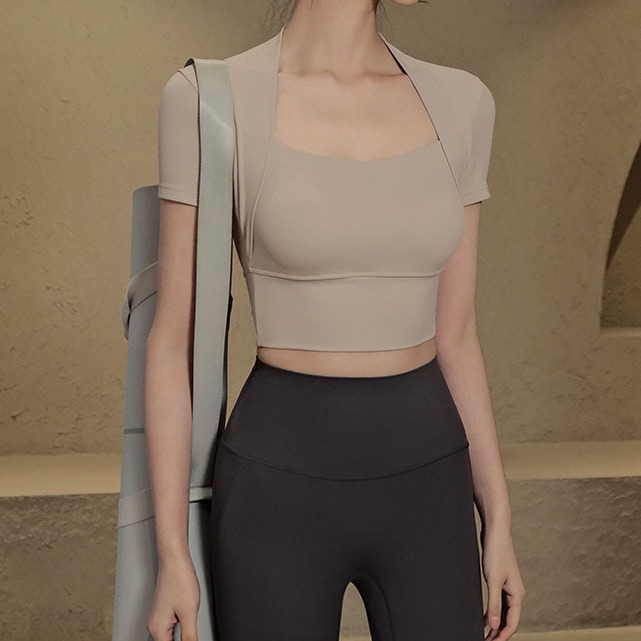 Shawl Yoga Suit Female Summer Sports Short Sleeve T-Shirt Running Quick Dry Pilates Tops with Chest Mat Fitness Training Suit