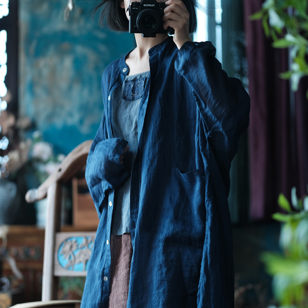 Lightly Customized Ramie Loose Shirt Zen Style Jacket Windbreaker 2195 Lan