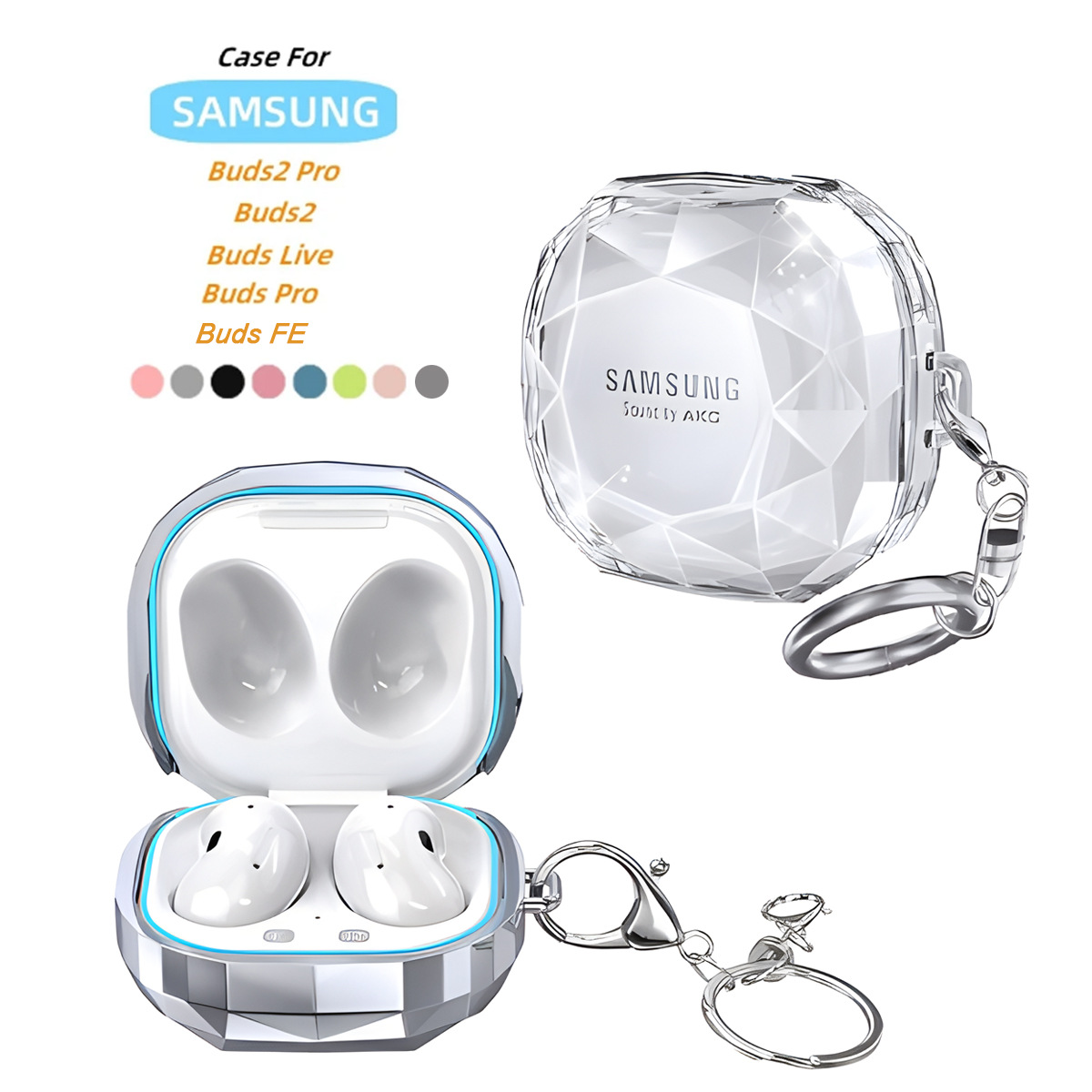 适用三星耳机壳Galaxy buds live pro Buds2透明钻石纹耳机保护套