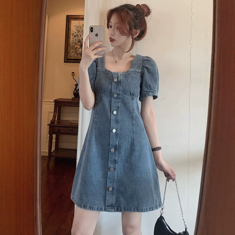 Denim Dress for Women, Summer French Style, Niche Elegant Waist-Cinching Design, Petite Puff Sleeves, Available in Long and Short Styles, Plus Size Short Sleeves