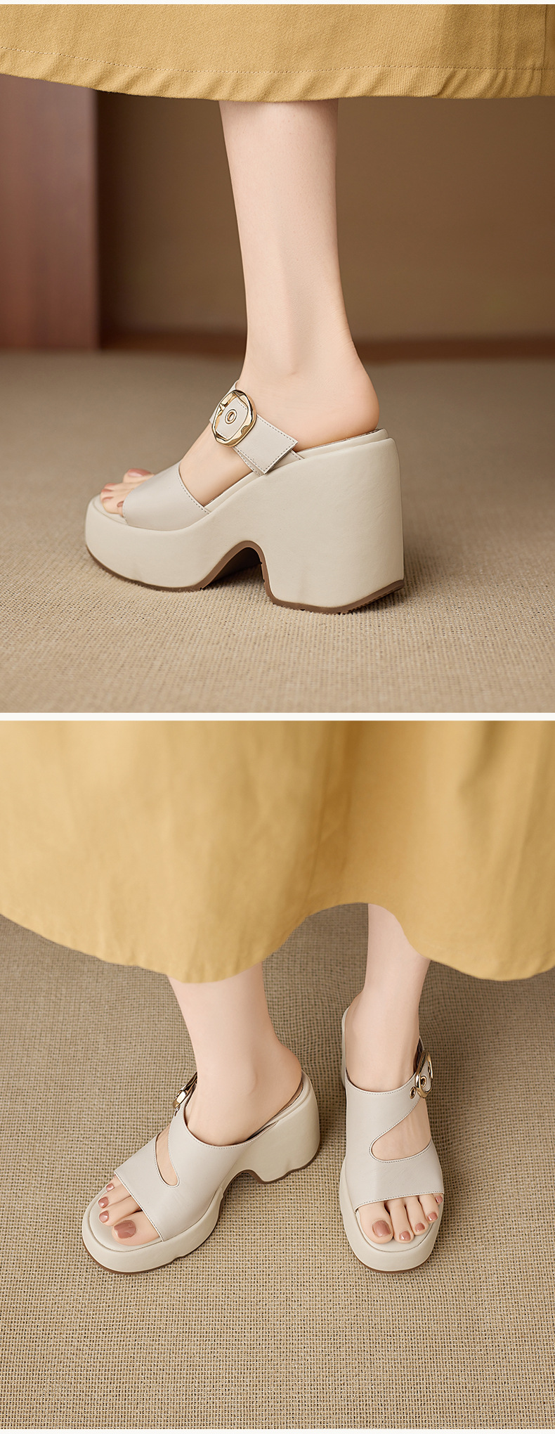 Dép sandal nữ đế xuồng cao 10cm da thật quai khóa mũi hở mùa hè — màu trắng ngà, màu mơ chi tiết 5