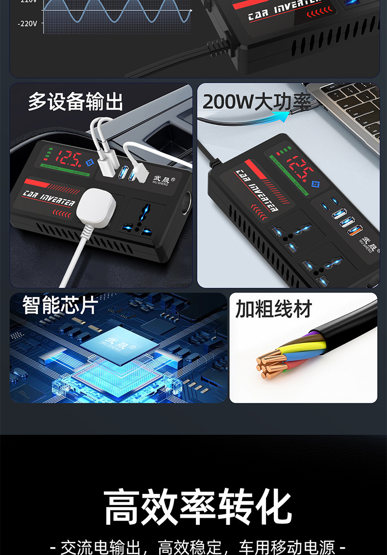 Ac Car Charger 12V24V to 220V High-Power Inverter Car Power Supply Cigarette Lighter Conversion Plug