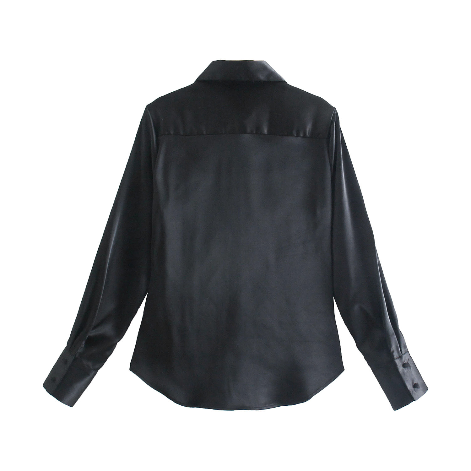 Black Solid Long-Sleeved V-Neck Silk Satin Textur Basic Blouse NSXFL101437