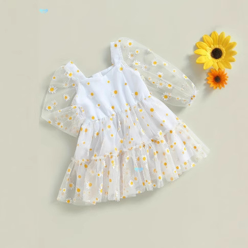 Cross-Border New Girls Summer Dress Baby Sweet Mesh Popular Princess Dress Girl Summer Dress Daisy Skirt