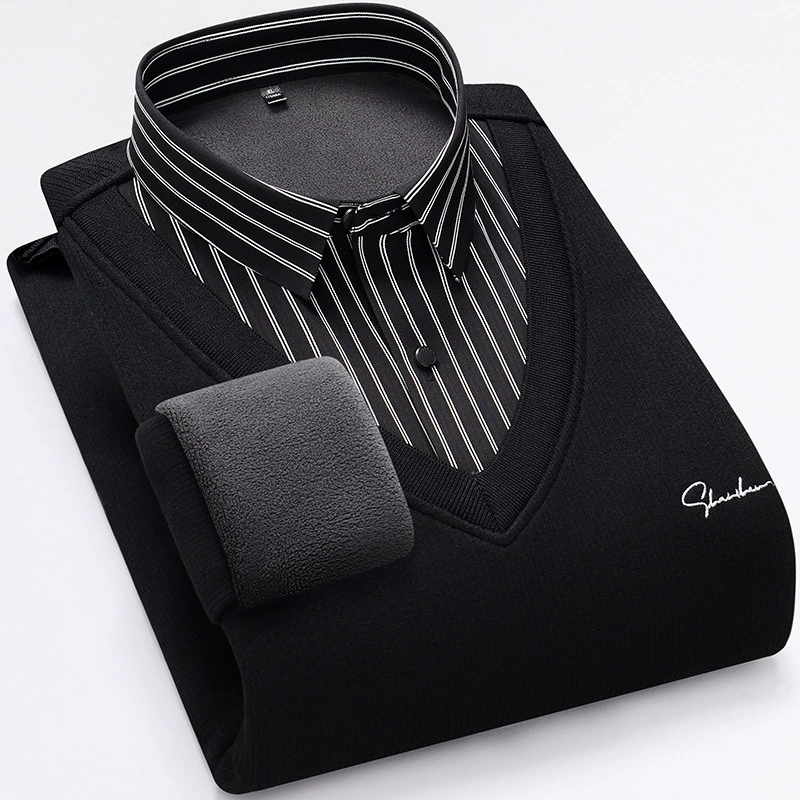 Мужские плюшевые толстые рубашки поддельные две части зимние полоски V-образный наконечник свитер бизнес теплый свитер свитер