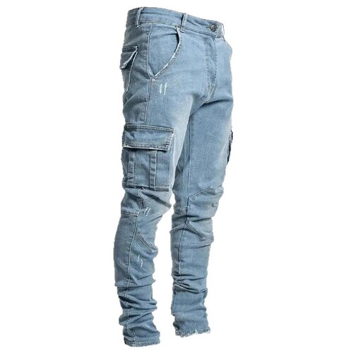 2025 European and American Men's Jeans with Multiple Pockets, Work Style, Tailored, Elastic, Side Pockets, Small Footprint