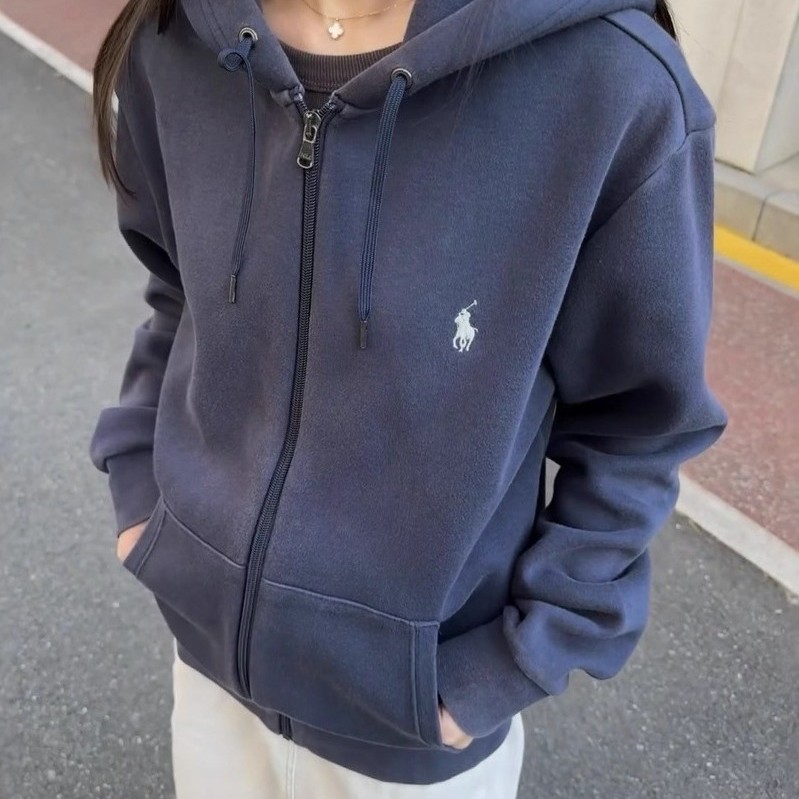 Cross-Border Foreign Trade Basic Style Hooded Sweatshirt with Horse Logo Embroidery, Unisex Zip-Up Jacket, Cotton Sweatshirt