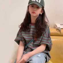 女童短袖条纹圆领t恤棉质夏装新款洋气女孩中大童半袖上衣夏季ins
