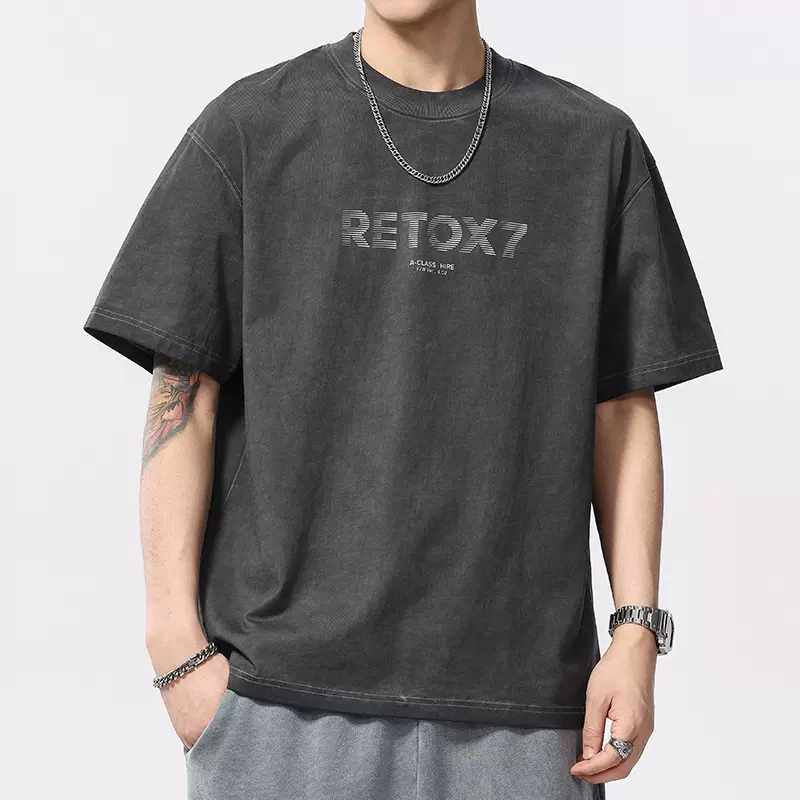 尚谷男装 美式印花复古重磅高街设计潮牌短袖T恤男士新款美式上衣