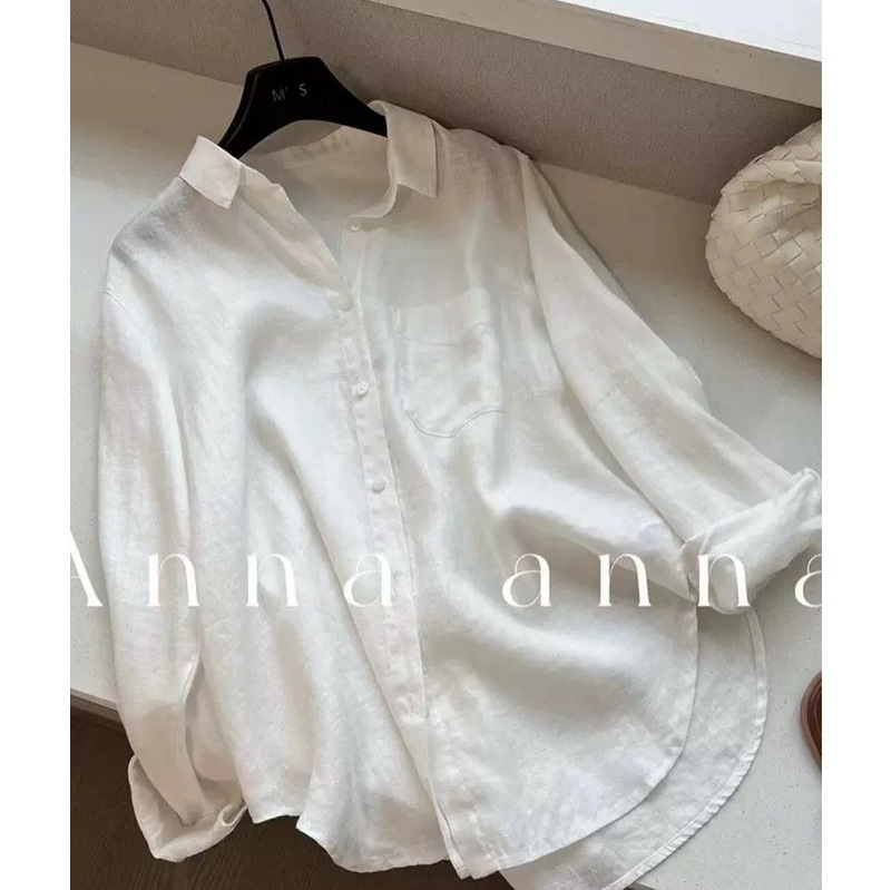 リネン100！縁！ヨーロッパへ行く！女性用のシンプルで多用途なラペルシングルブレスト長袖ルーズシャツ|undefined