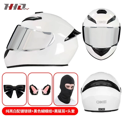 Motosiklet kaskı (dəbilqə) — helmet bow cat ear decoration - pure-bright-white-with-silver-plated-mirror-black-bow-black-cat-ears-m