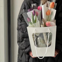 Floral Hand-Tote Bag for Goddess Day with Semi-Open Window Display, Window-View Bouquet Packaging Bag, Flower Shop Supplies Wholesale