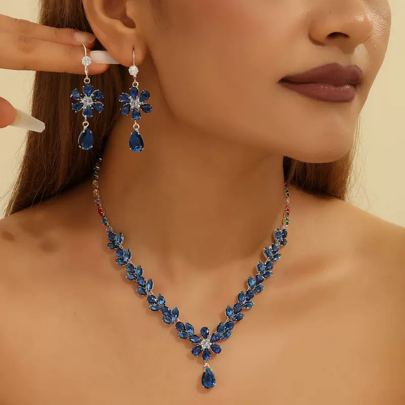 Zirconium, pendant, necklace, fashionable earrings, universal jewelry, European style, flowered