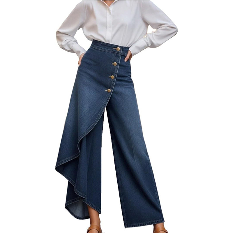 Women's Wide-Leg Jeans, Buttoned High-Waisted Flowy Loose Jeans, Side Slit Vintage-Style 2K Jeans