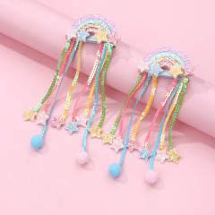 クロスボーダーの新型子供用ヘアピンの清新で甘い虹の星のスパンコールのフリンジのリボンの少女の赤ちゃんの髪飾りの卸売り