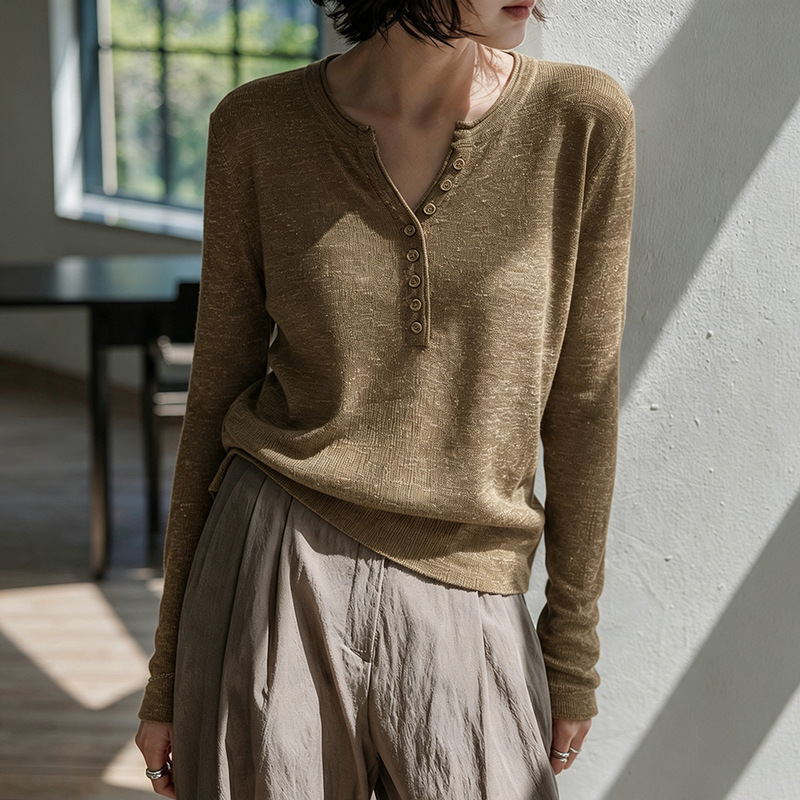 French-style linen henley neck knit top for women, autumn half-button textured base shirt, fashionable long-sleeve T-shirt for commuting