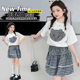 女童套装裙子夏季2026新款洋气儿童短袖百褶裙两件套中大童格子裙