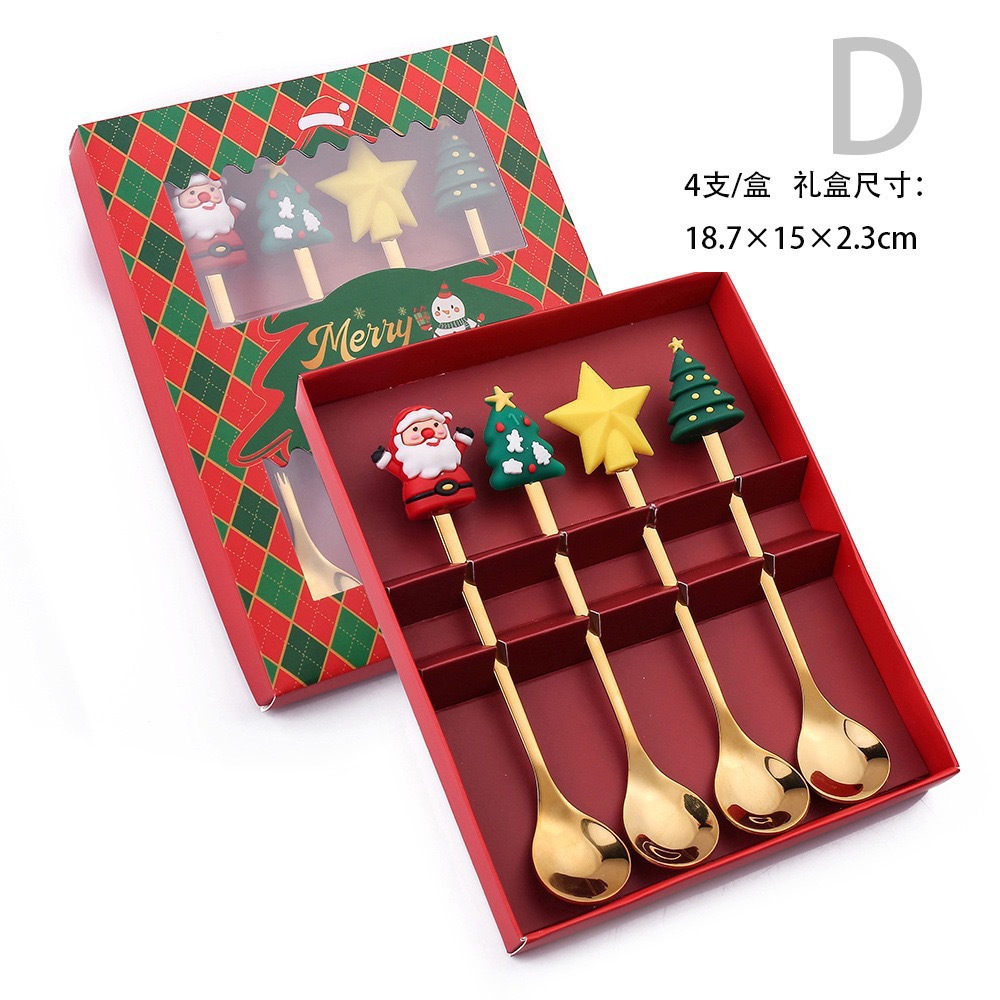 Cuchara de acero inoxidable creativa árbol de Navidad café tartar postre horquilla de fruta muñeca cuchara horquilla cubierta set de regalo