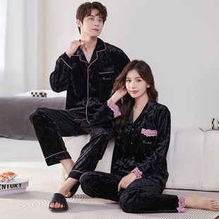 Gold Diamond Velvet Couple Pajamas Women's Autumn and Winter 2025 New Long Sleeve Lapel Suit High-End Light Luxury Home Clothes Autumn