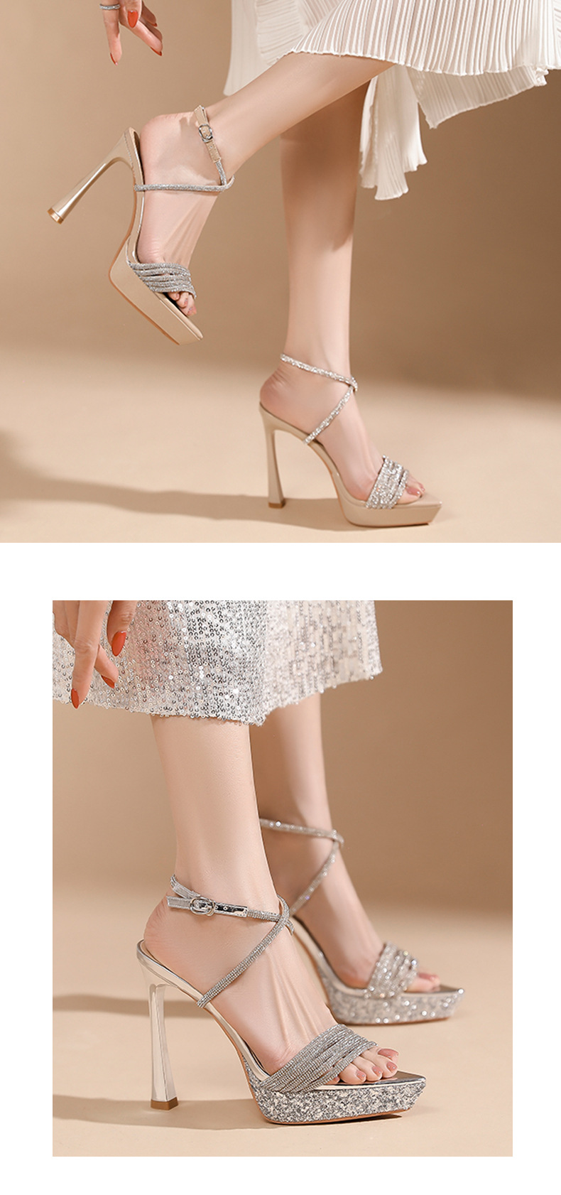 Sandal cao gót nữ mũi nhọn đế platform gót 12 cm quai chéo đính đá — Màu da-12cm chi tiết 6