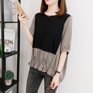 Pregnant Women's in stock Wear Korean-style Loose All-match Temperament Comfortable Stitching Pleated-breasted Half-sleeve Pregnant Women's Shirt